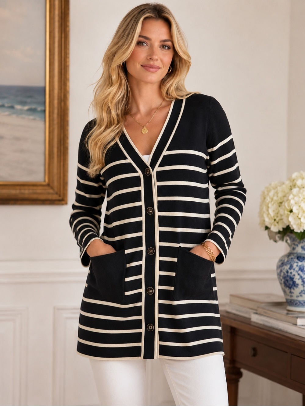 NWT Tuckernuck Black & Ivory Striped Cotton Button-Front Cardigan Sweater, XS